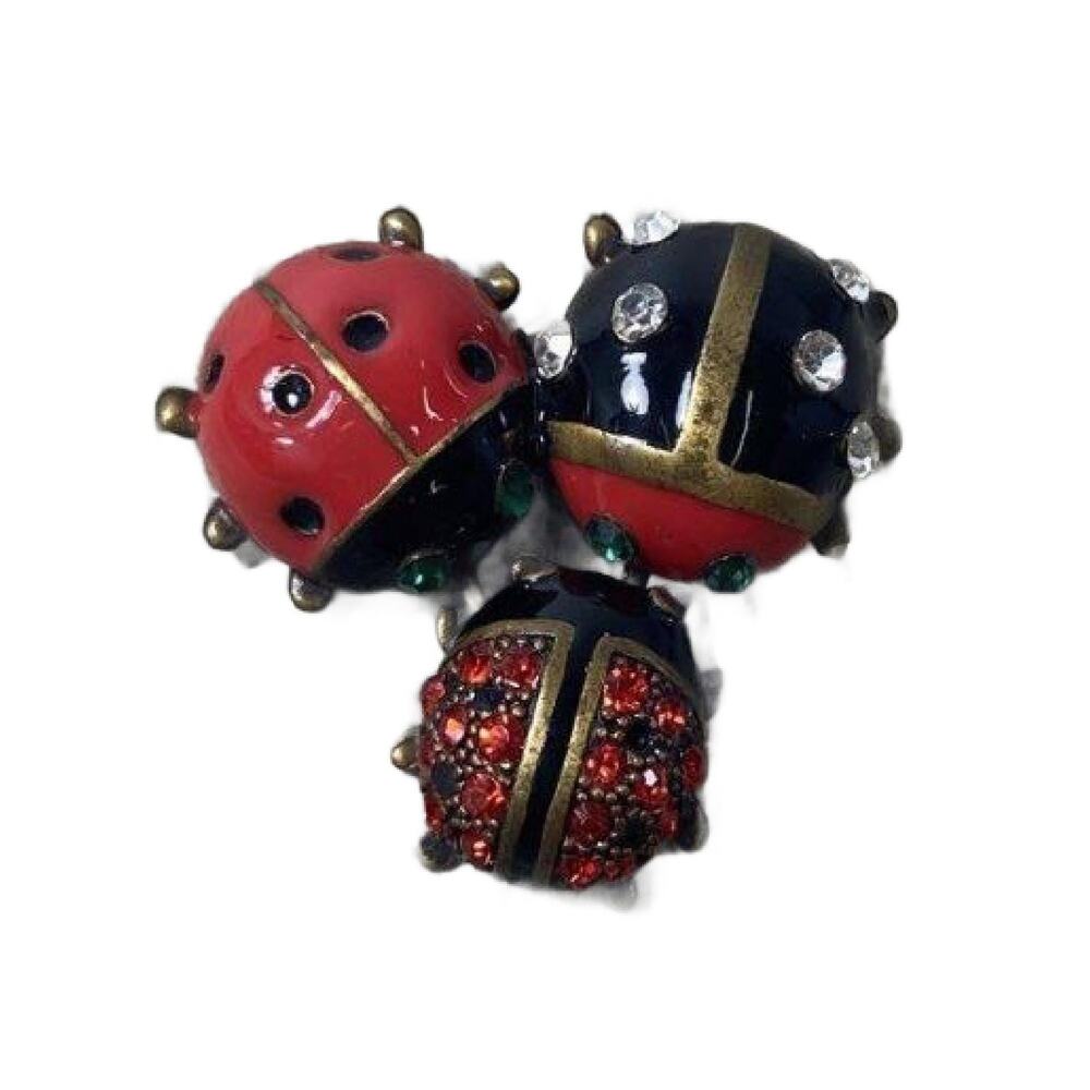 Vintage Enamel Crystal Ladybug Brooch Set, Scatter Pins